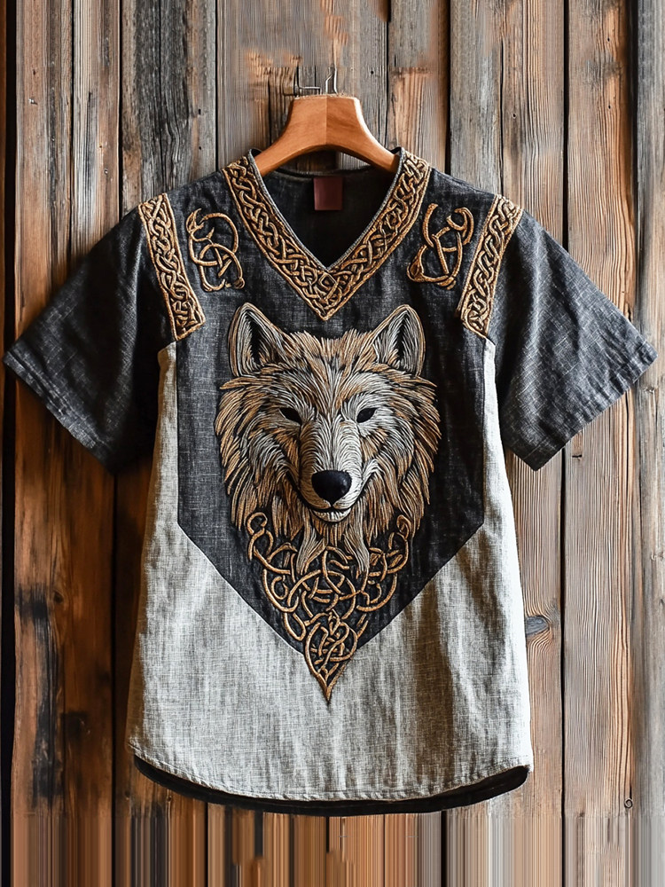Men's Viking Celtic Wolf Embroidery Linen T Shirt