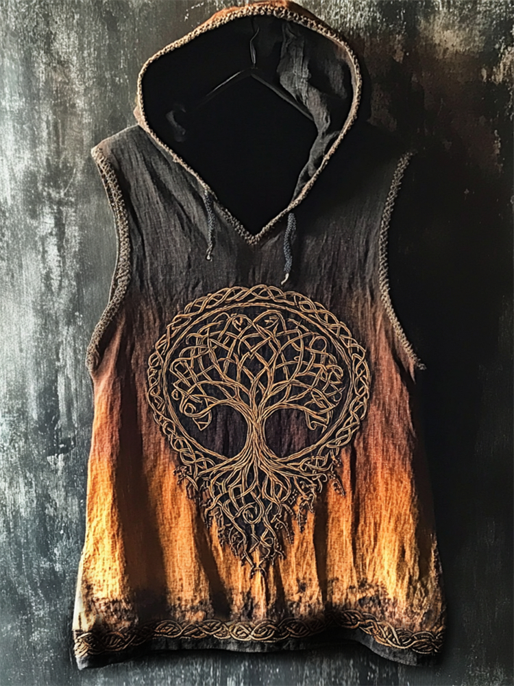 Men's Celtic Tree Of Life Gradient Dyed Hooded Linen Vest