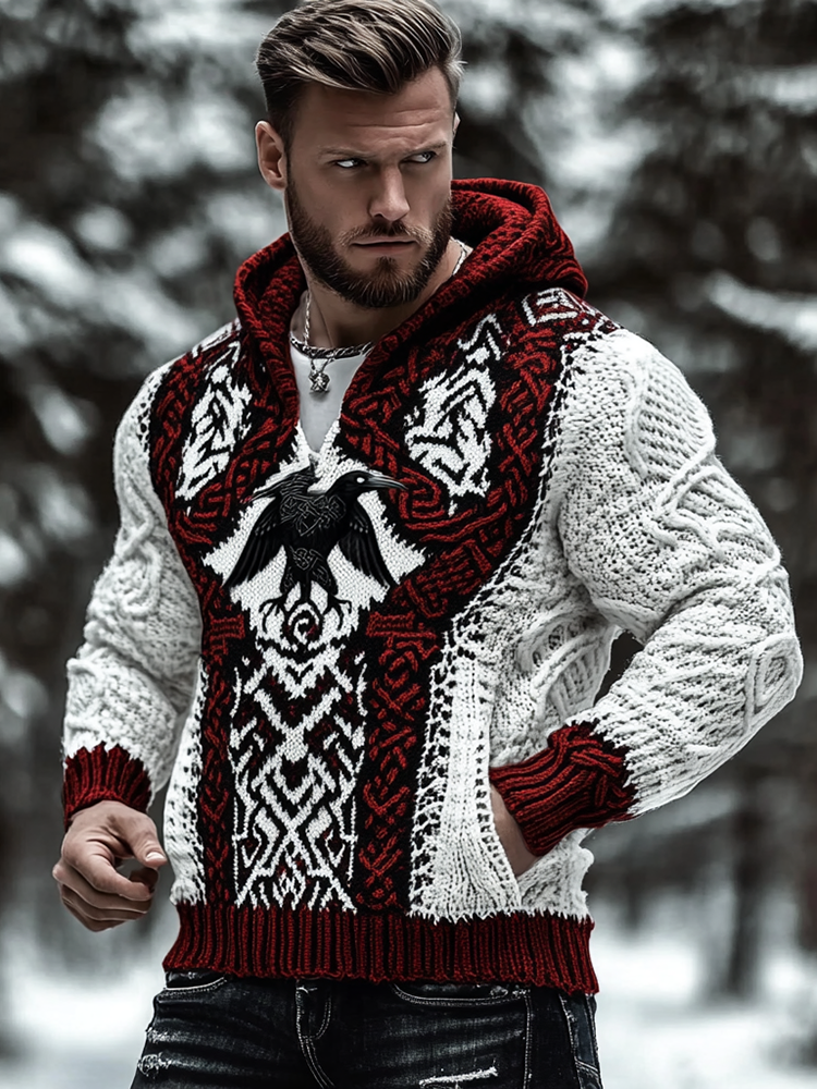 Vintage Viking Raven Rune Knit Jacquard Hooded Sweater
