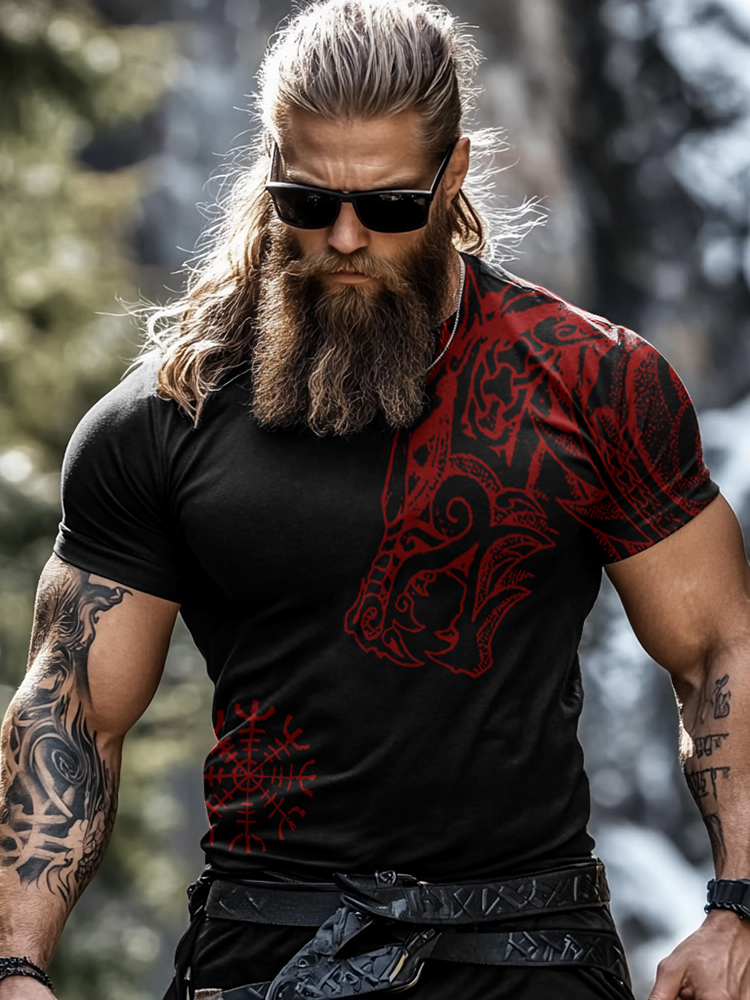 Men's Vintage Viking Wolf Rune Print T-shirt