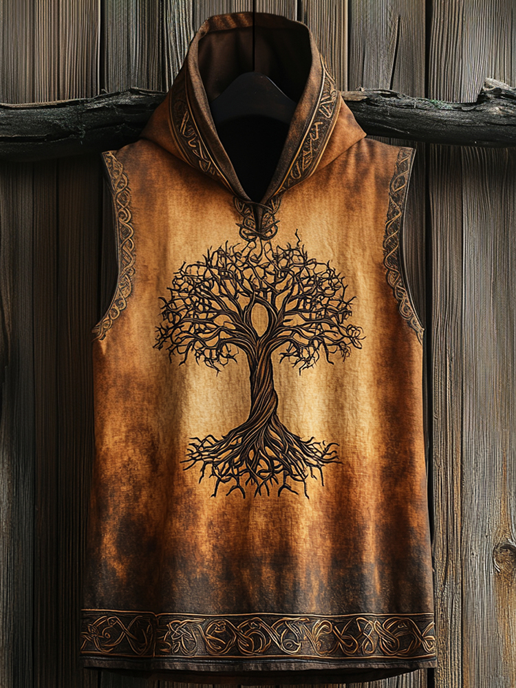 Men's Viking Tree Of Life Art Cozy Linen Hooded Vest