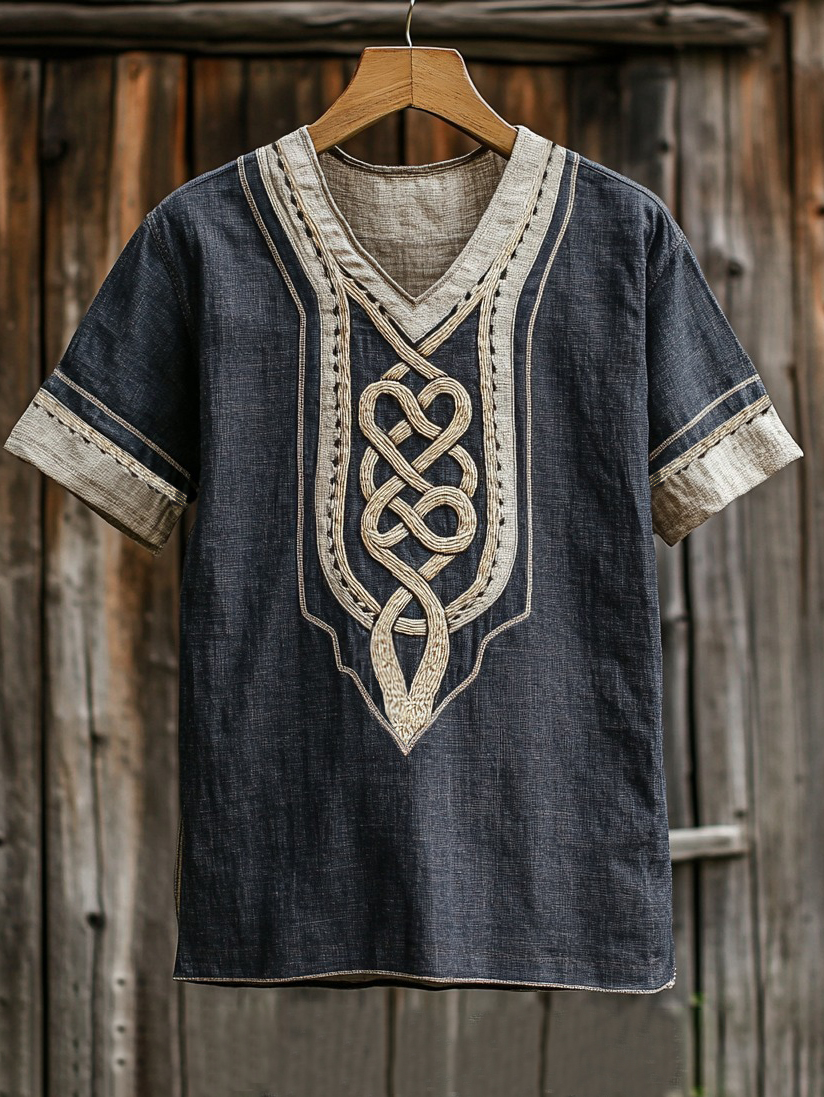 Men's Viking Celtic Knot Applique Embroidery Art Linen T-shirt