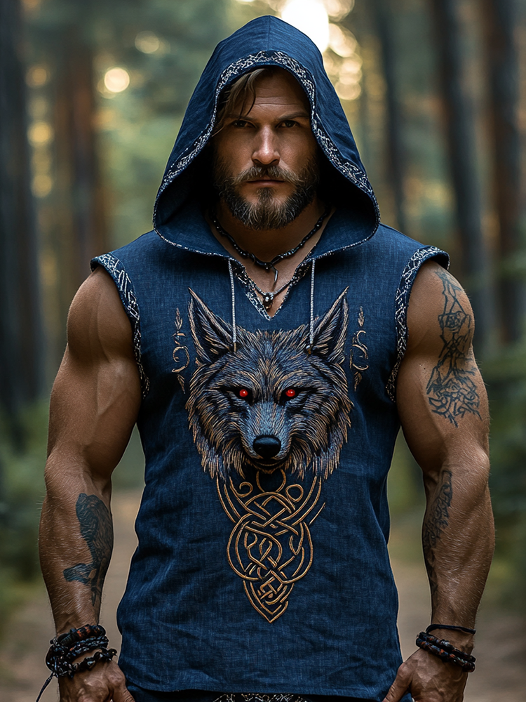 Men's Vintage Viking Wolf Celtic Pattern Linen Sleeveless Hooded T-shirt