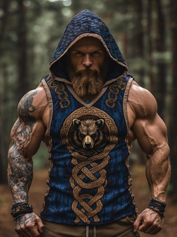 Men's Viking Celtic Knot And Bear Contrast Color Gradient Art Cozy Linen Hooded Vest