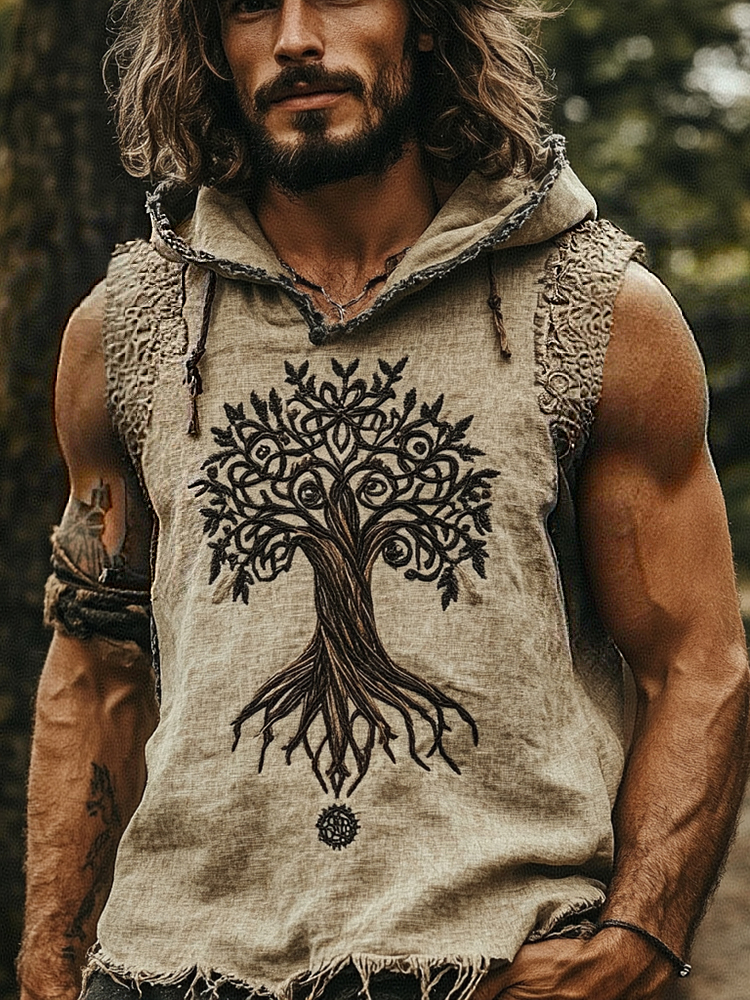 Men's Viking Tree Of Life Contrast Art Cozy Linen Hooded Vest