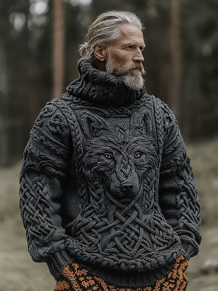 Men's Vintage Viking Wolf Pattern Knit Turtleneck Pullover Sweater