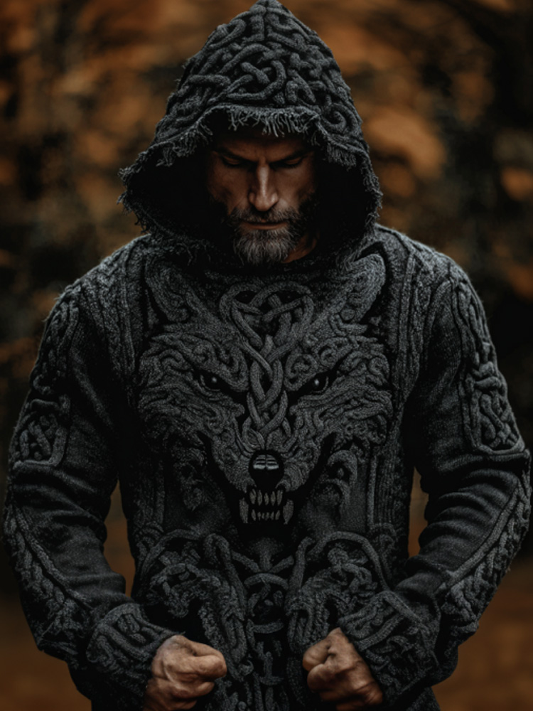 Men's Vintage Viking Wolf Embroidered Hooded Sweater