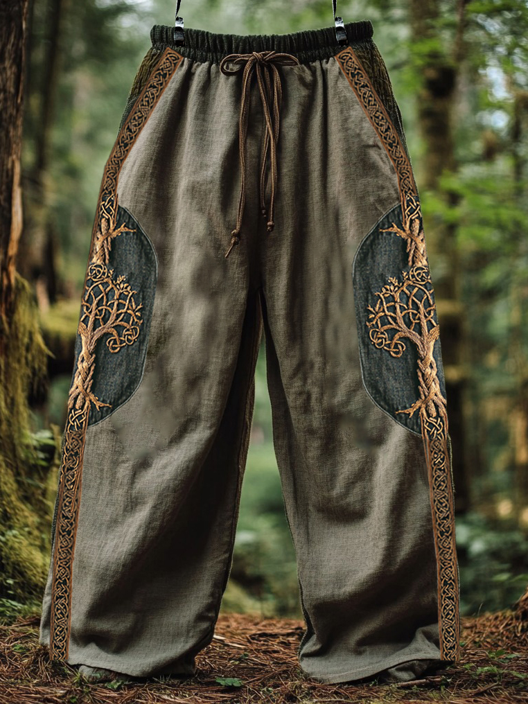 Men's Celtic Knot Life Of Tree Embroidery Art Wide-leg Pants