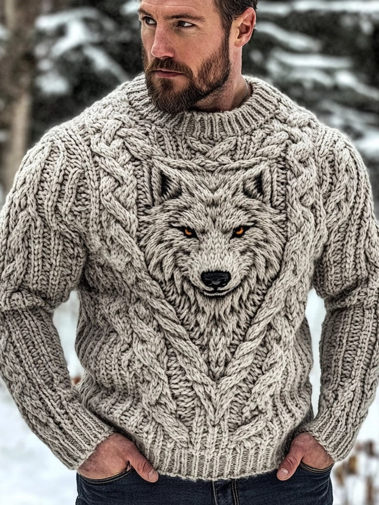 Men's Wolf Inspired Viking Celtic Jacquard Cozy Chunky Sweater