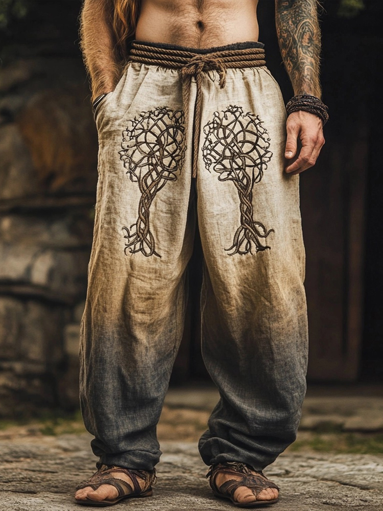 Men's Vintage Viking Tree Of Life Embroidered Gradient Linen Pants