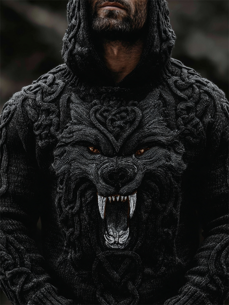 Men's Viking Wolf With Fangs Celtic Knot Chunky Hooded Sweater
