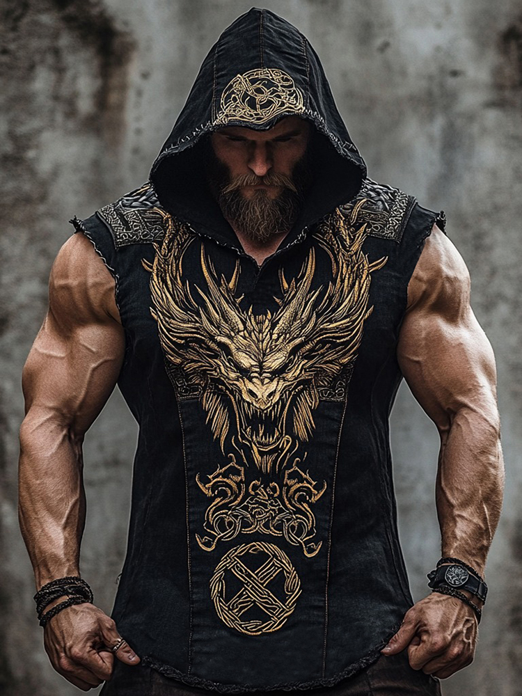 Men's Viking Dragon Celtic Hooded Linen Vest