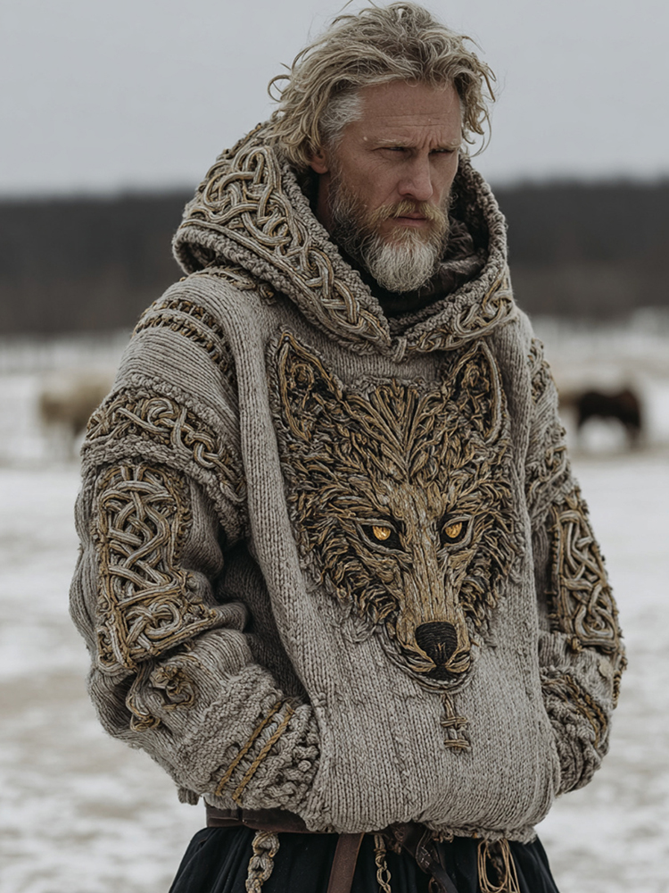 Men's Viking Wolf Head Celtic Thick Hooded Sweater