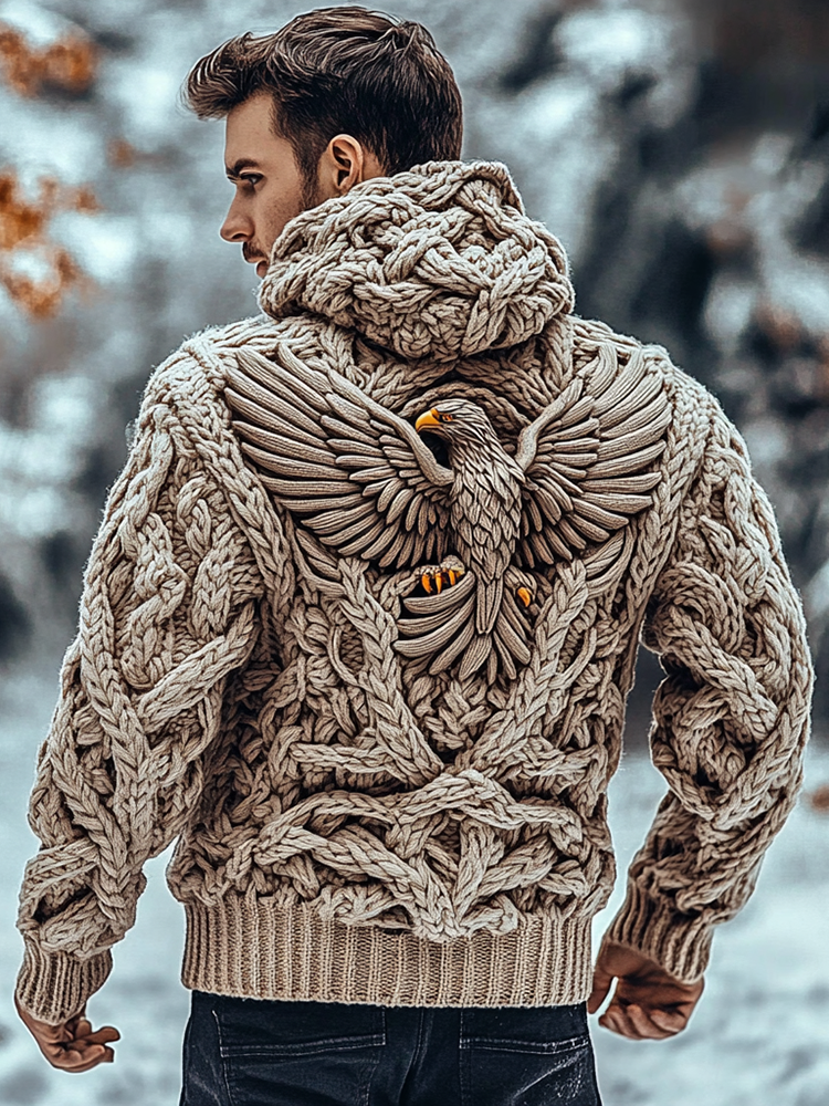 Men's Viking Tribal Eagle Celtic Chunky Knit Hooded Sweater
