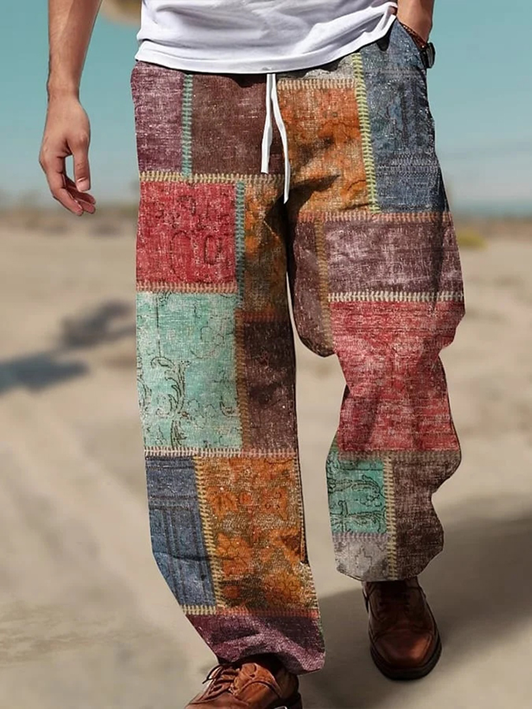 Vintage Geometric Color Block Art Graphic Linen Pants