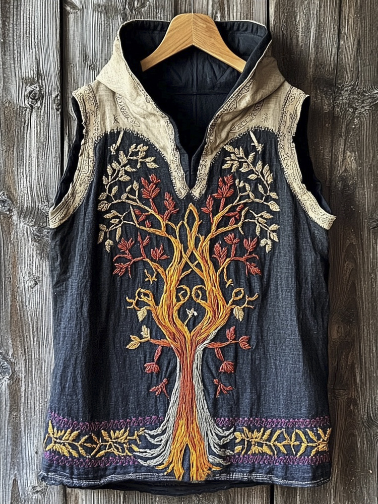 Nordic Mythology Tree Of Life Vintage Embroidered Men's Hooded Tank Top