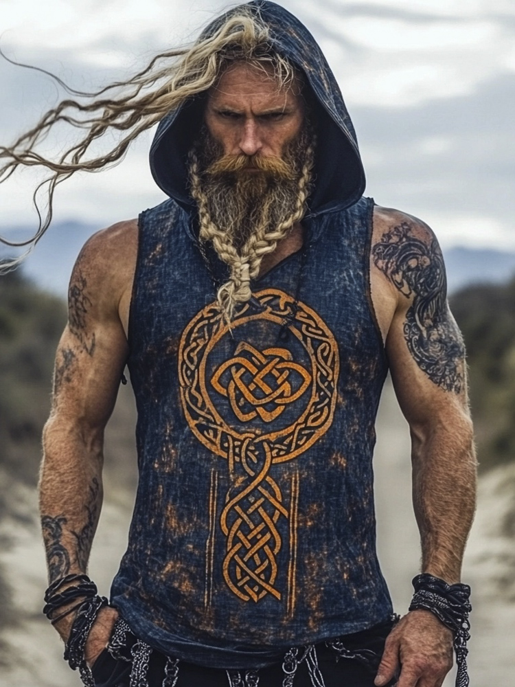 Viking Celtic Totem Men's Linen Hooded Tank Top