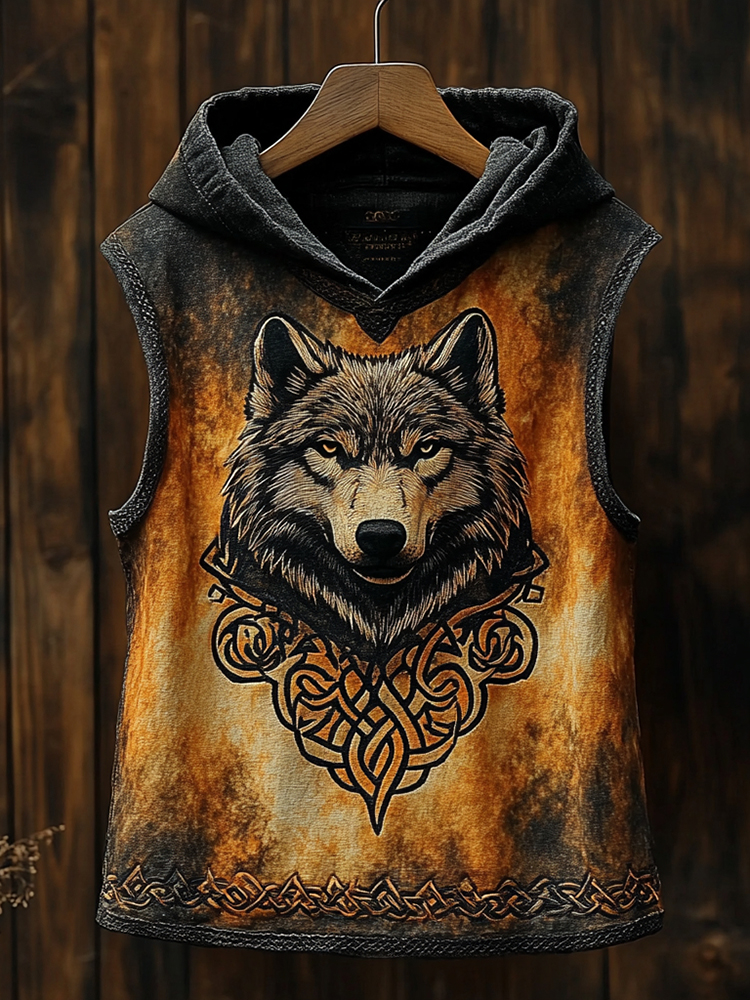 Men's Viking Wolf Art Cozy Linen Hooded Vest