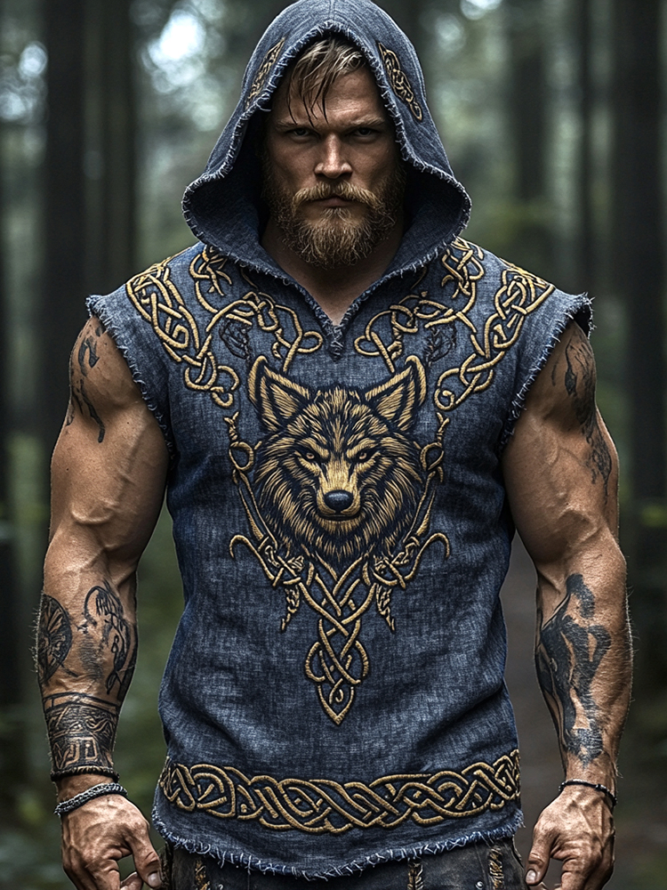 Men's Viking Celtic Wolf Art Linen Hooded Vest