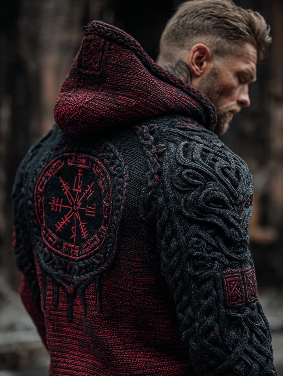 Men's Vegvisir Viking Celtic Runes Knit Gradient Jacquard Cozy Hooded Sweater
