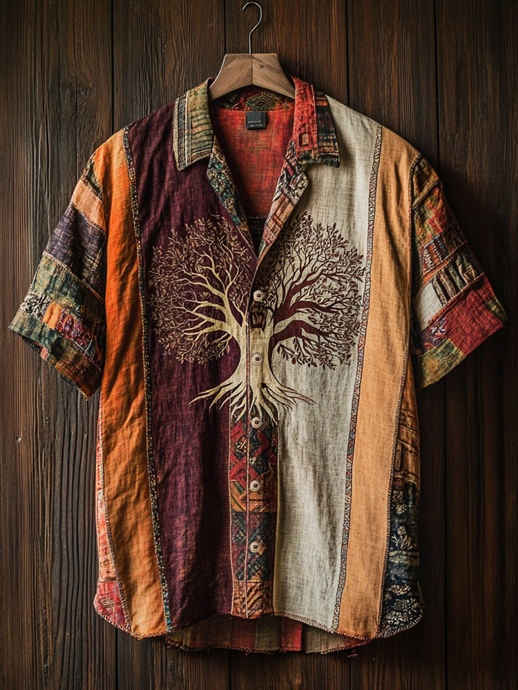 Men's Tribal Ethnic Tree Of Life Patchwork Contrast Shirt
