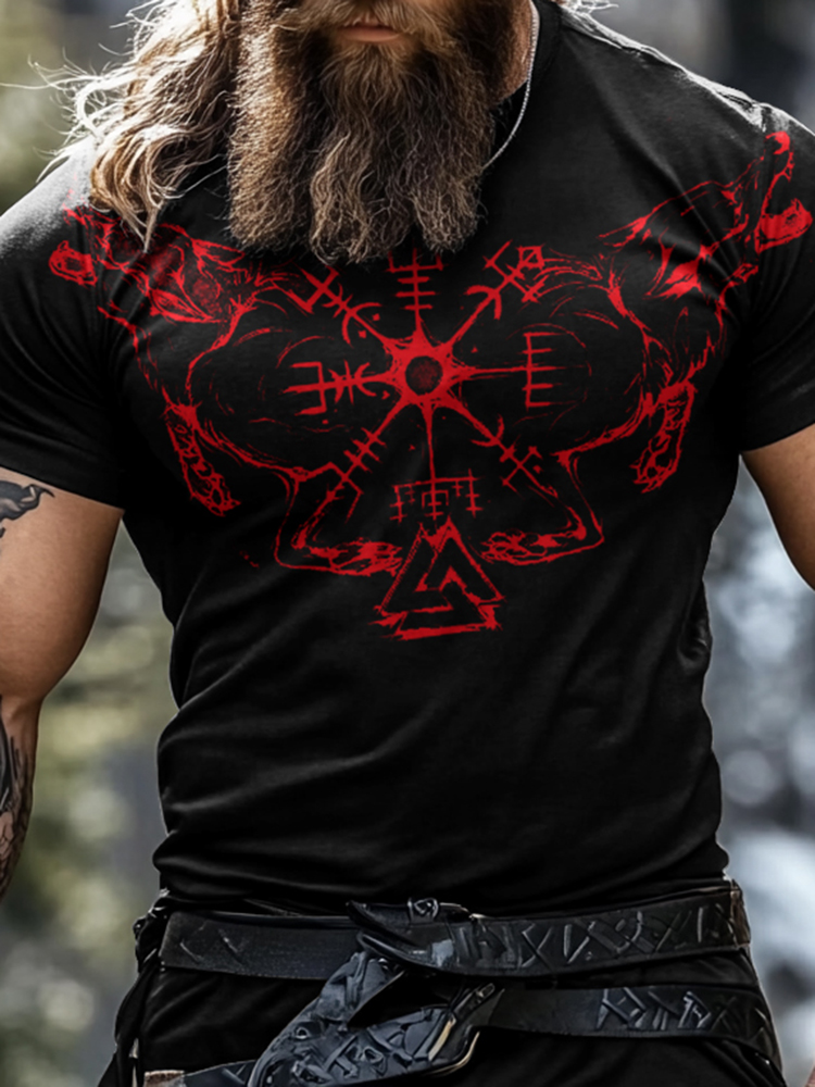 Men's Vintage Viking Rune Wolf Print T-shirt