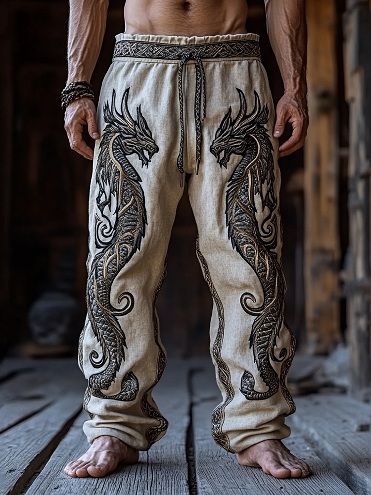 Men's Retro Viking Dragon Celtic Knot Art Linen Pants