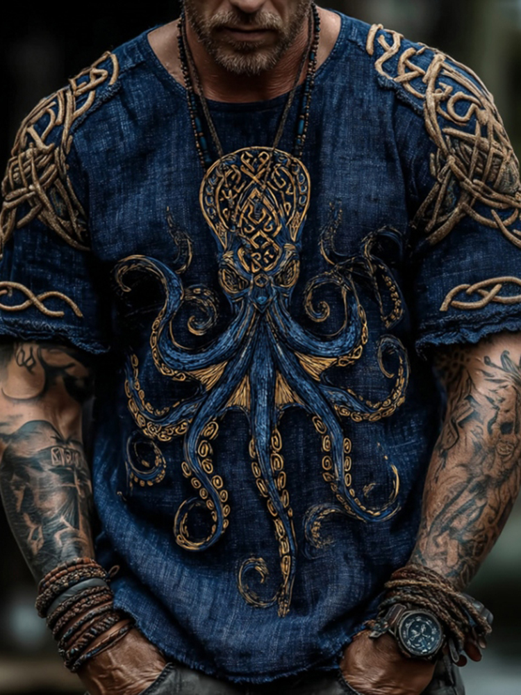 Men's Vintage Viking Octopus Celtic Knot Pattern Linen Blend T-shirt