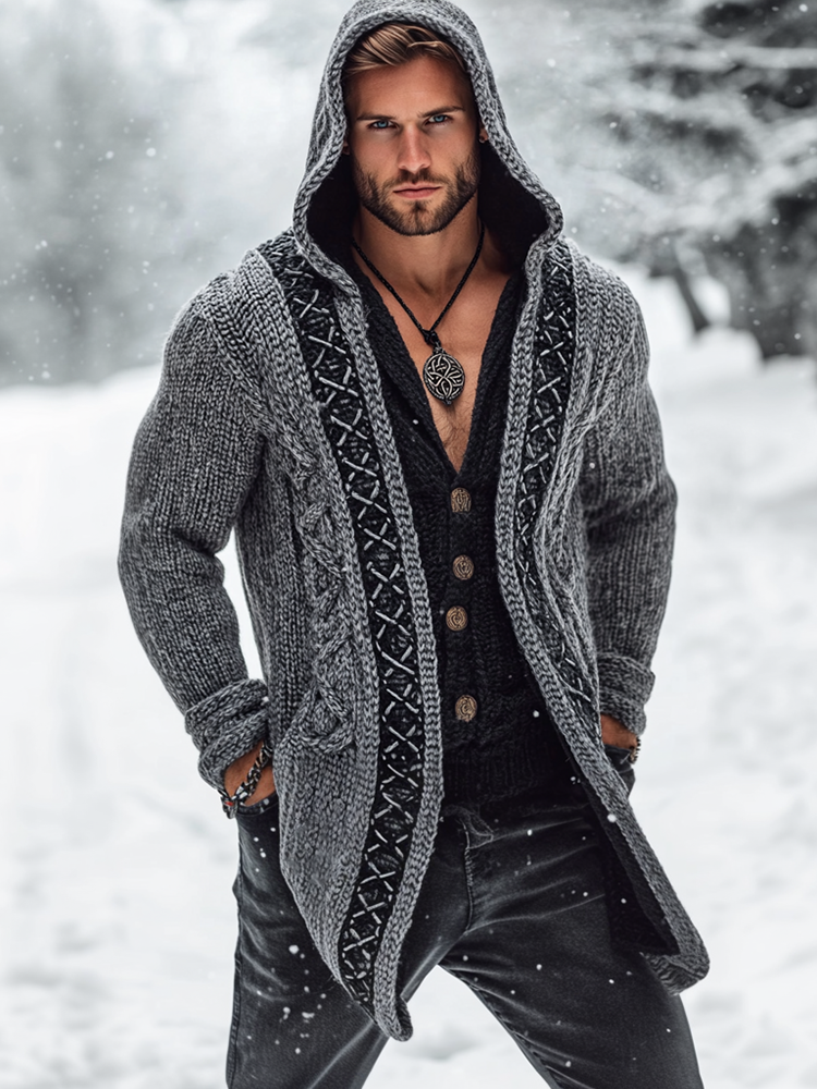 Men's Viking Celtic Knot Pocket Mid-length Cardigan Sweater