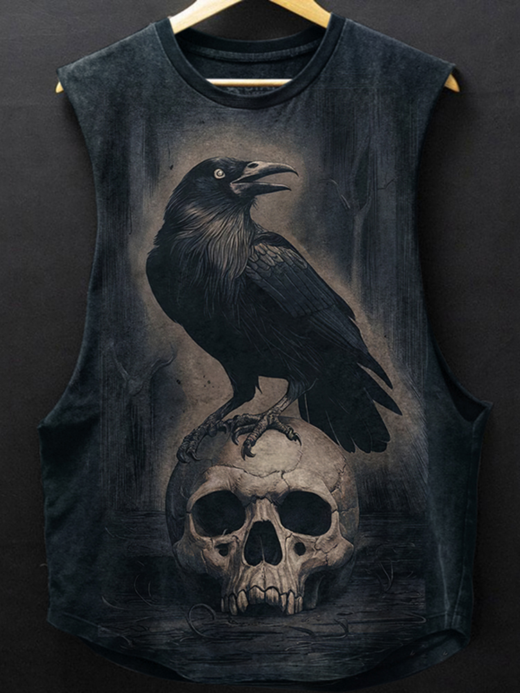 Vintage Viking Raven Standing On A Skull Print Washed Gym Vest