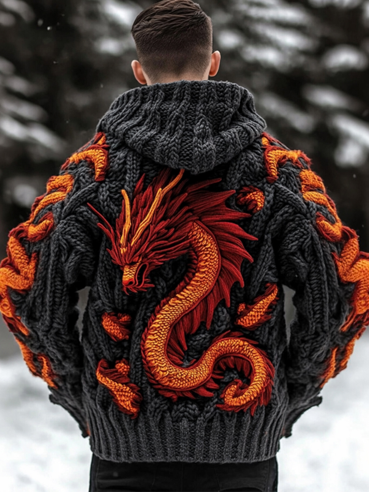 Men's Viking Dragon Celtic Thick Knit Zip-up Hooded Sweater