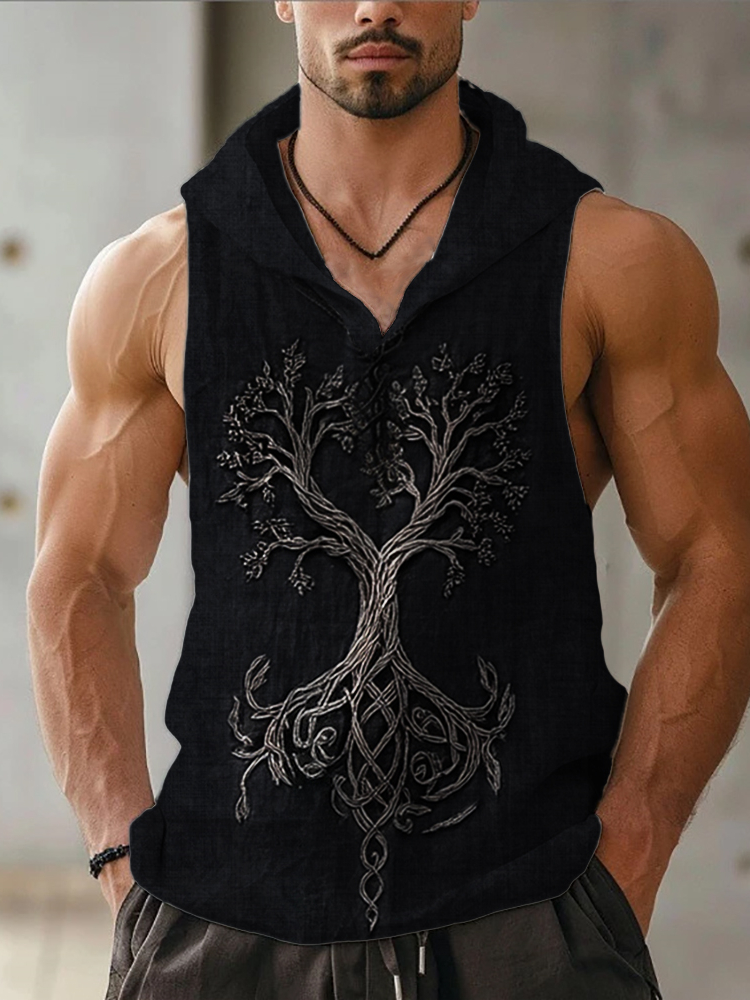 Men's Viking Tree Of Life Embroidered Hooded Linen Vest