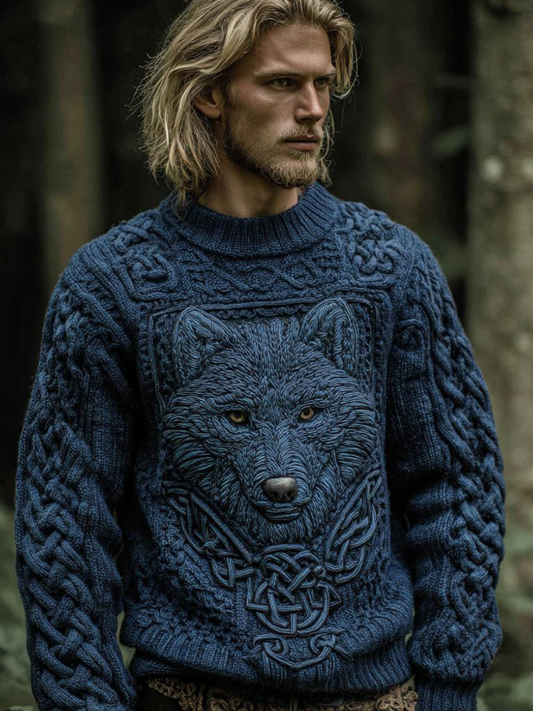 Men's Vintage Viking Wolf Knit Pullover Sweater