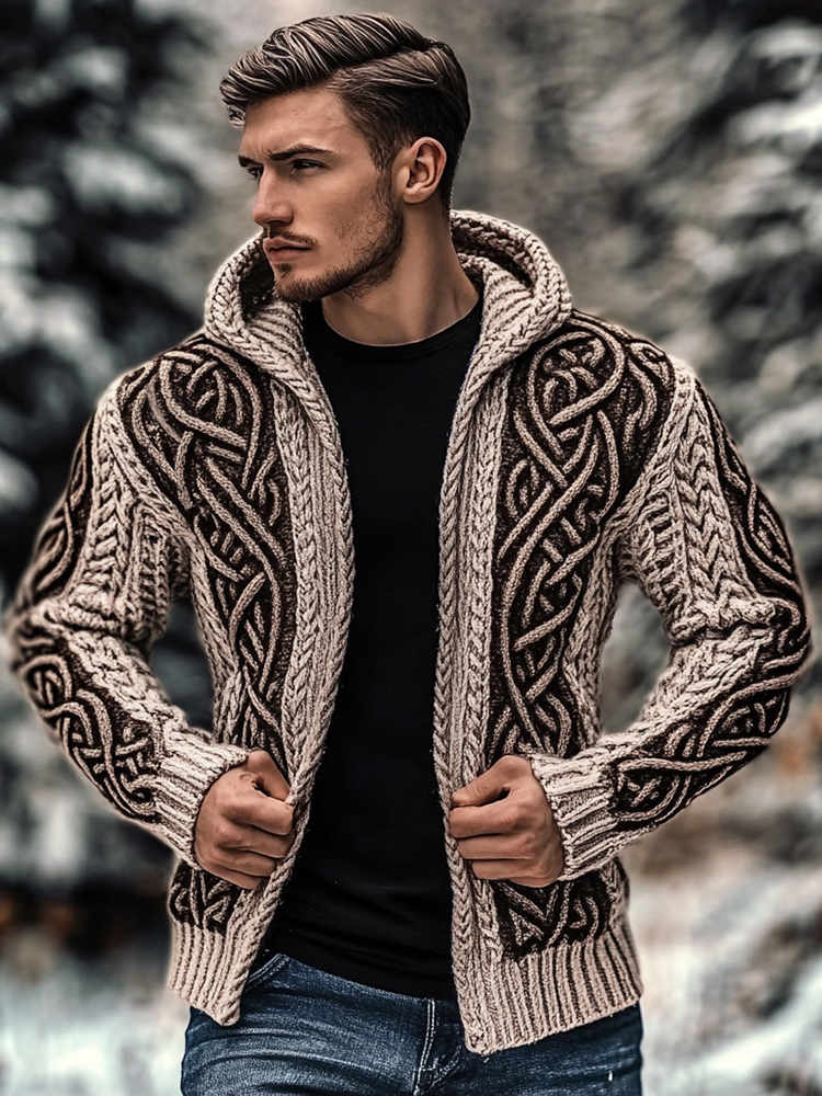 Men's Vintage Celtic Knot Jacquard Chunky Knit Cozy Zip Up Cardigan Sweater