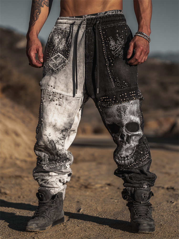 Men's Rock Style Skull Studded Contrast Patchwork Sweatpants