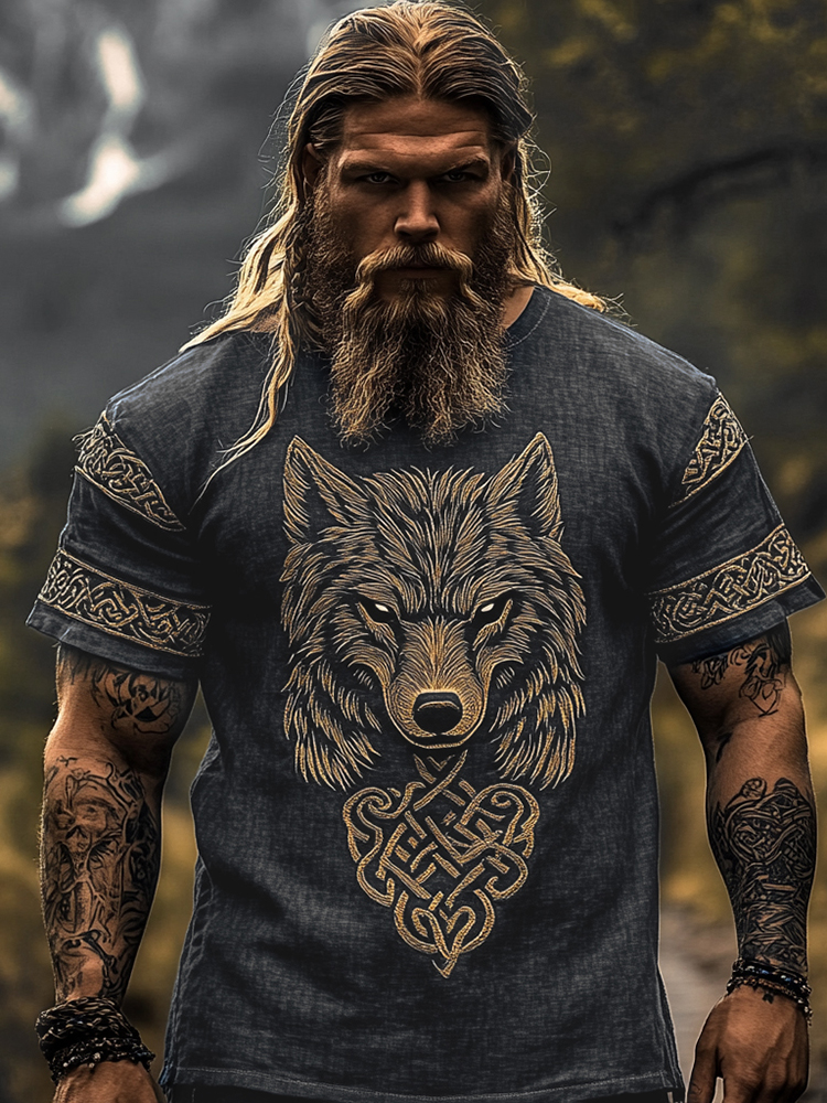 Men's Vintage Viking Wolf Pattern Linen Blend T-shirt