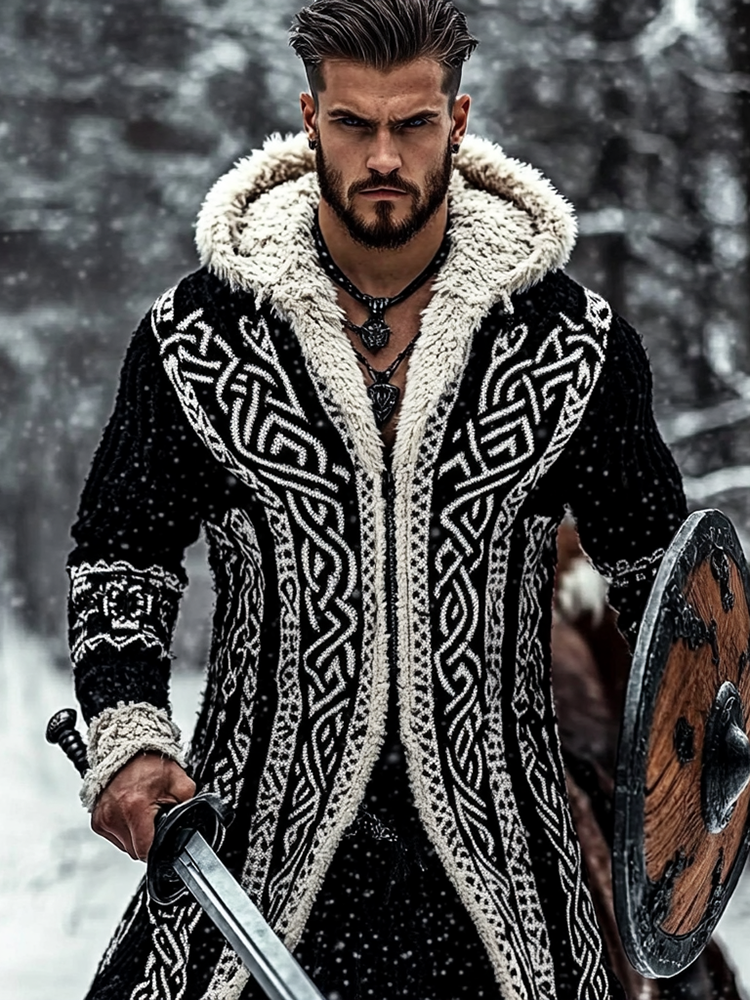 Men's Viking Tribal Pattern Jacquard Celtic Cozy Cardigan Sweater