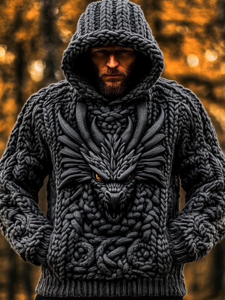 Men's Viking Tribal Dragon Celtic Knot Art Jacquard Chunky Knitted Cozy Hooded Sweater