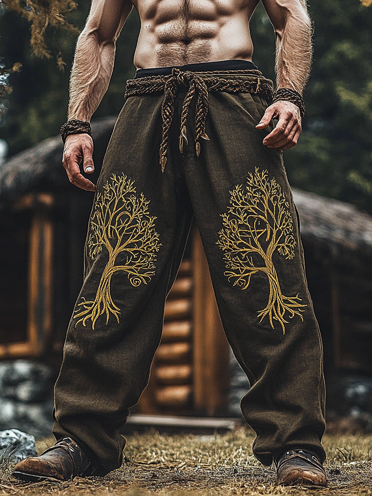 Men's Celtic Wolf Embroidery Wide Leg Pants