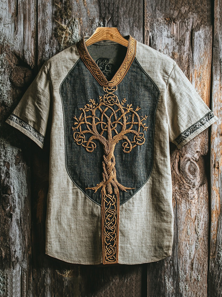 Men's Viking Life Of Tree Celtic Knot Art Linen V-neck T Shirt