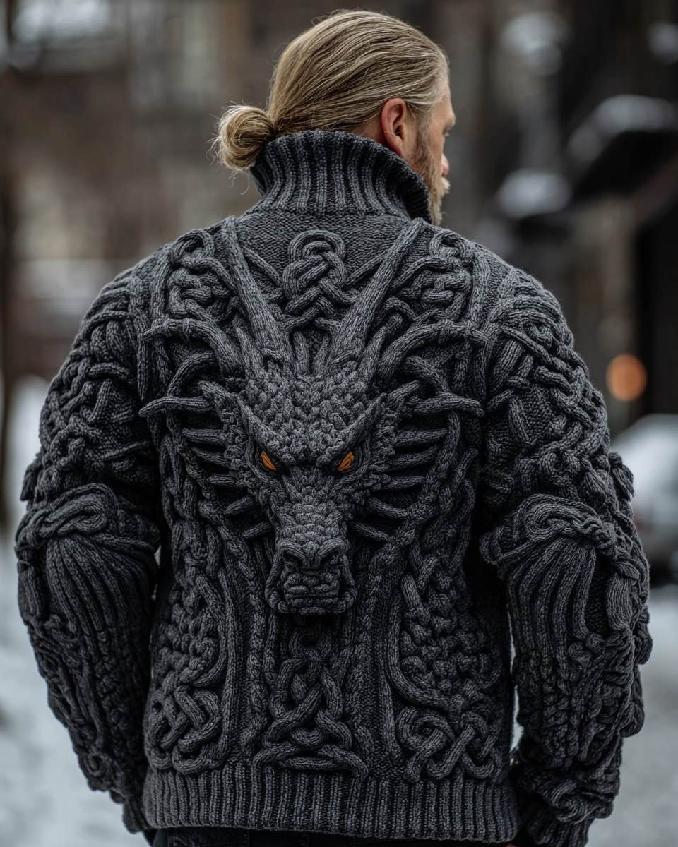 Men's Viking Dragon Style Celtic Art Chunky Knit Zipper Sweater