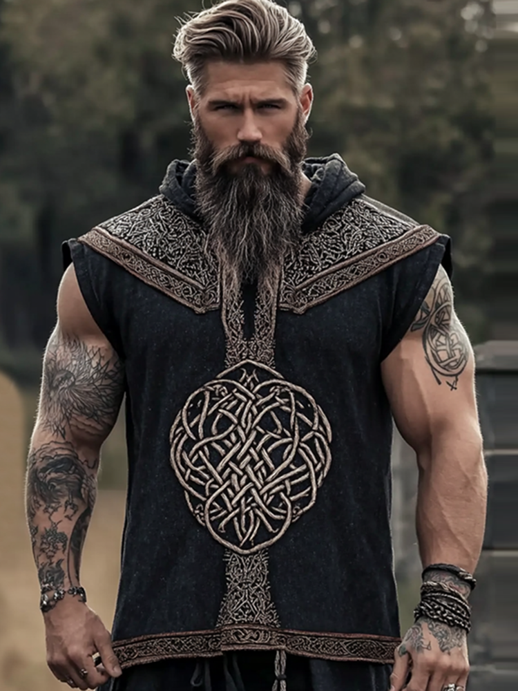 Men's Viking Celtic Mythical Pattern Hooded Tank Top