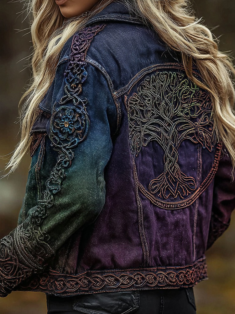 Women's Vintage Viking Celtic Knot Tree Of Life Art Gradient Pattern Denim Jacket