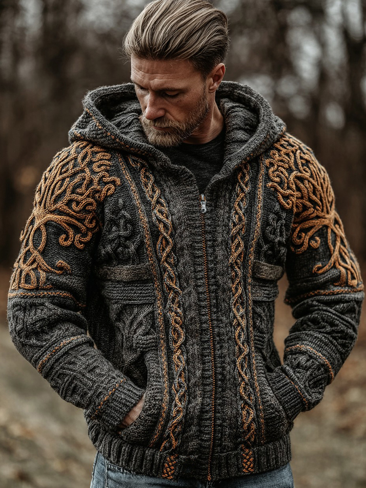 Men's Vintage Viking Celtic Knot Knit Zipper Aran Sweater Hooded Cardigan