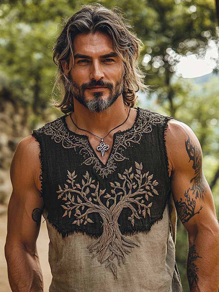 Men's Viking Tribal Celtic Tree Of Life Contrast Art V Neck Tank Top