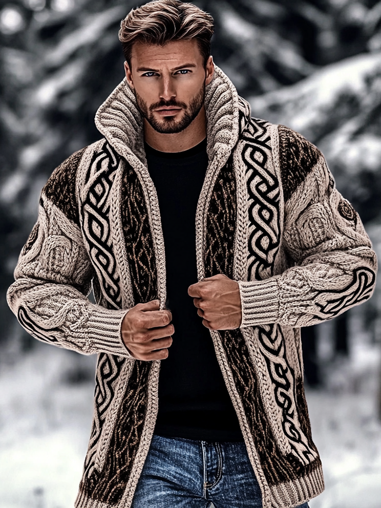 Men's Vintage Celtic Knot Jacquard Chunky Knit Cozy Mid-length Cardigan Sweater