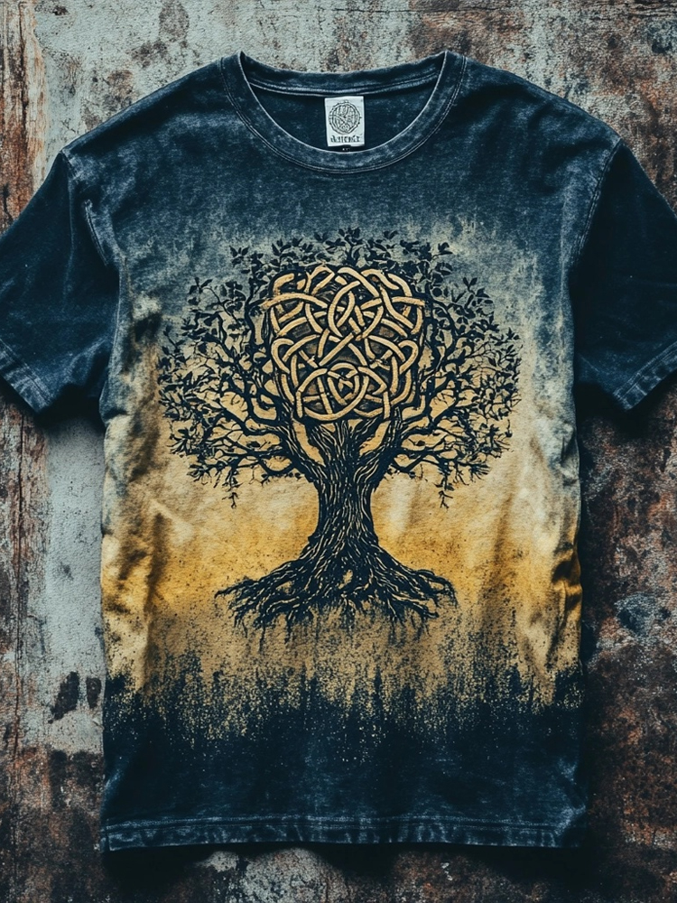 Men's Vintage Viking Tree Of Life Embroidered Gradient Washed T Shirt