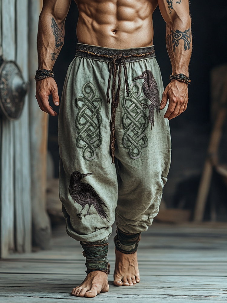 Mens Vintage Viking  Dark Raven Relief Celtic Knot Art Linen Lounge Pants