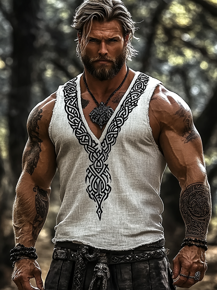 Men's Viking Celtic Art Linen Blend V Neck Tank Top