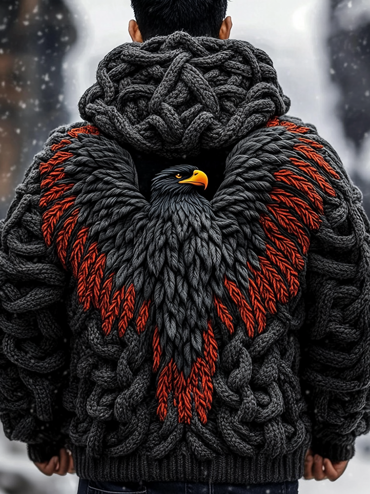 Men's Viking Tribal Eagle Celtic Thick Knit Zip-up Hooded Sweater